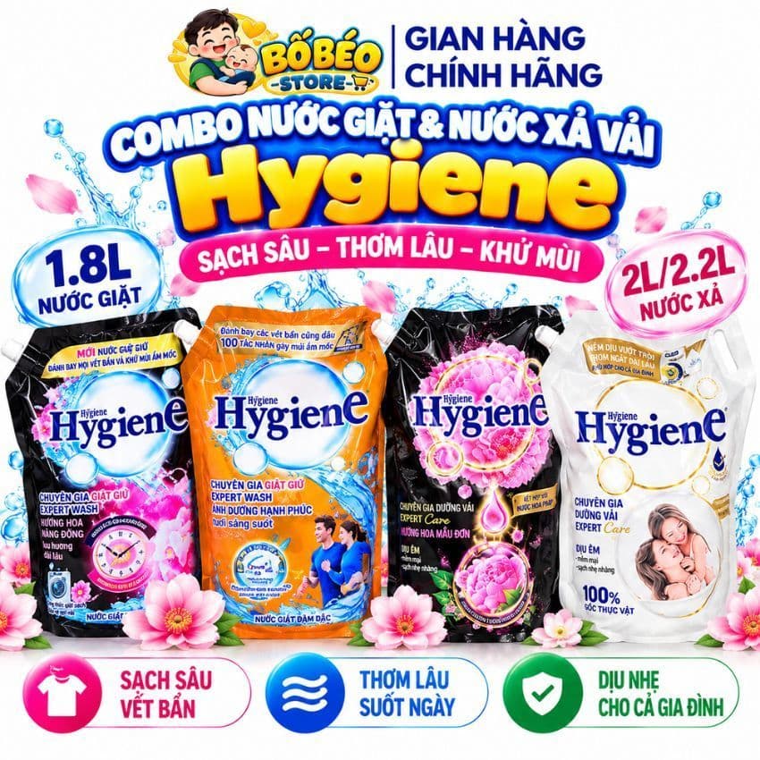 Combo Tiết Kiệm Nước Giặt Hygiene Và Nước Xả Vải Hygiene Sạch Sâu, Thơm Lâu, Khử Mùi