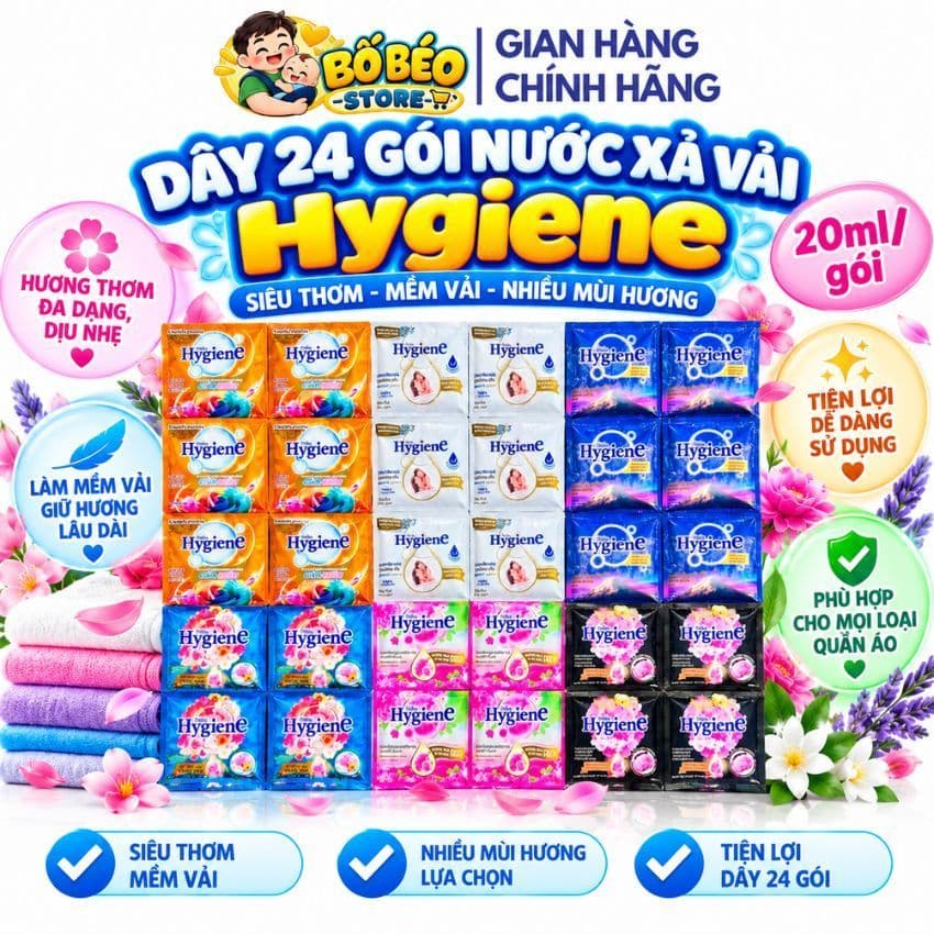 Dây 24 gói nước xả vải Hygiene 20ml siêu thơm, mềm vải, nhiều mùi hương, tiện lợi