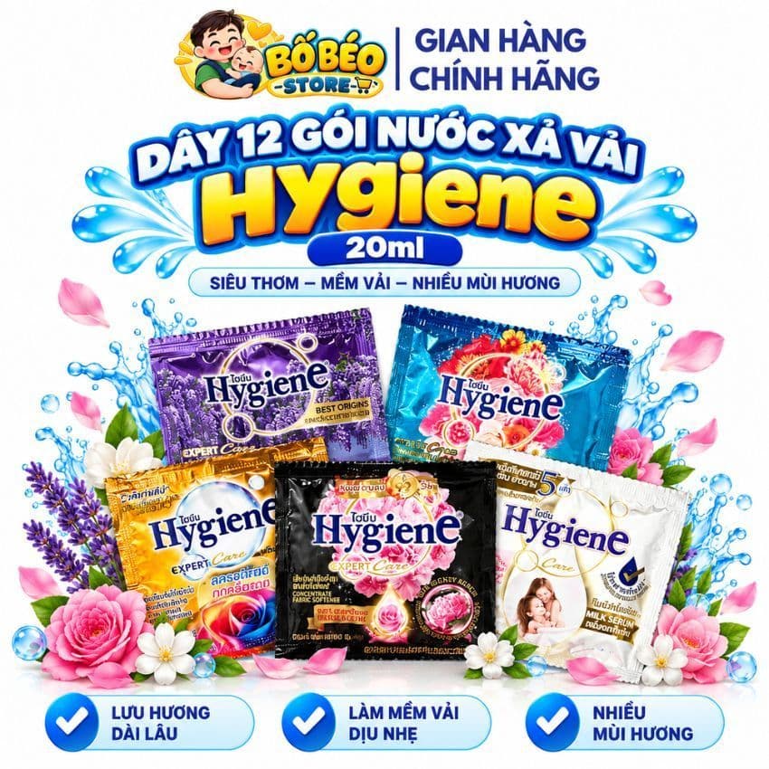 Dây 12 gói nước xả vải Hygiene 20ml siêu thơm, mềm vải, nhiều mùi hương
