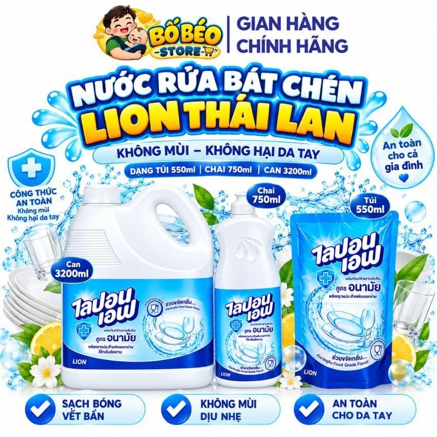 Nước rửa bát chén Thái Lan không mùi không hại da tay dạng túi 550ml, chai 750ml, can 3200ml