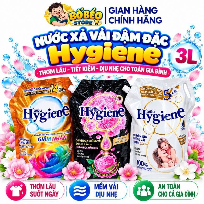 Nước Xả Vải Đậm Đặc Hygiene 3L Thơm Lâu, Tiết Kiệm, Dịu Nhẹ Cho Toàn Gia Đình