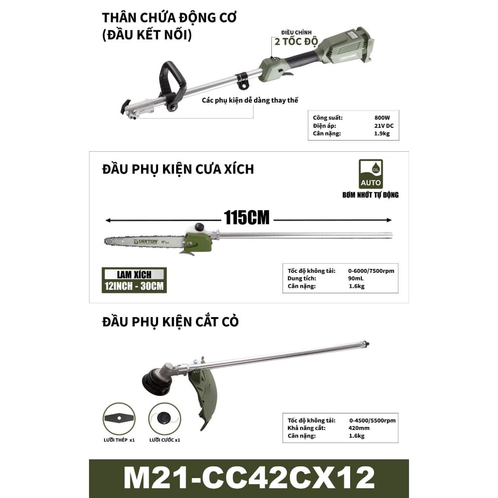 Dekton Máy Cắt Cỏ 2 trong 1 (Cắt Cỏ Kết Hợp Cưa Xích) M21-CC42CX12, Động Cơ Không Chổi Than
