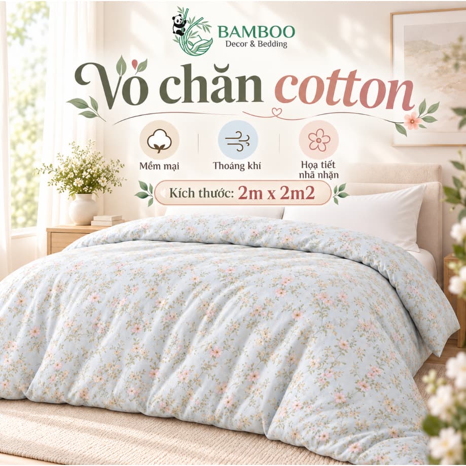Vỏ Chăn Cotton BAMBOO 2m x 2m2, Vỏ Chăn Mềm Mịn Thoáng Khí, Họa Tiết Hoa Nhí Dễ Thương, Vỏ Chăn Cho Giường Đôi