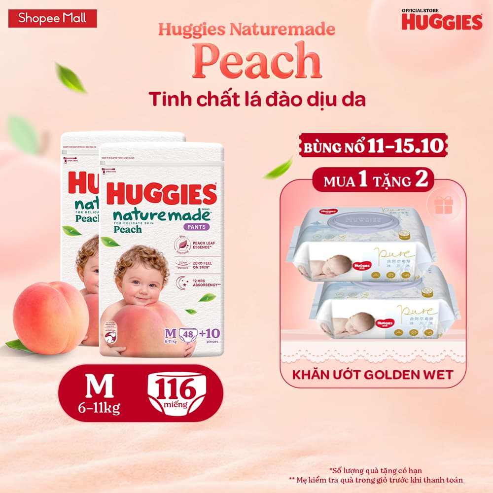 Combo 2 Tã quần Huggies Naturemade Peach M48+10/ L44/ XL38/ XXL26