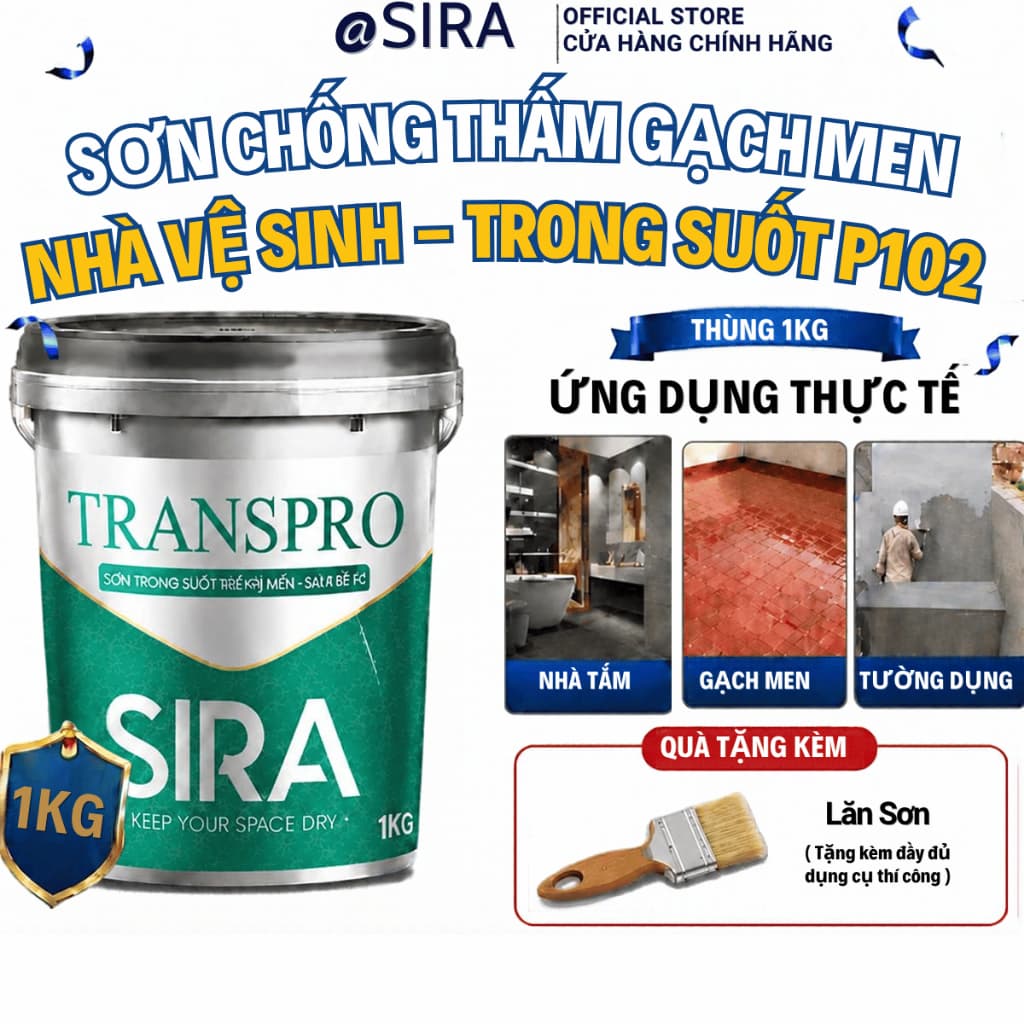 [1kg] Sơn Chống Thấm Nền Gạch Men, Mạch Gạch, Nhà Vệ Sinh, Sân Thượng- Sơn trong suốt Sira P102