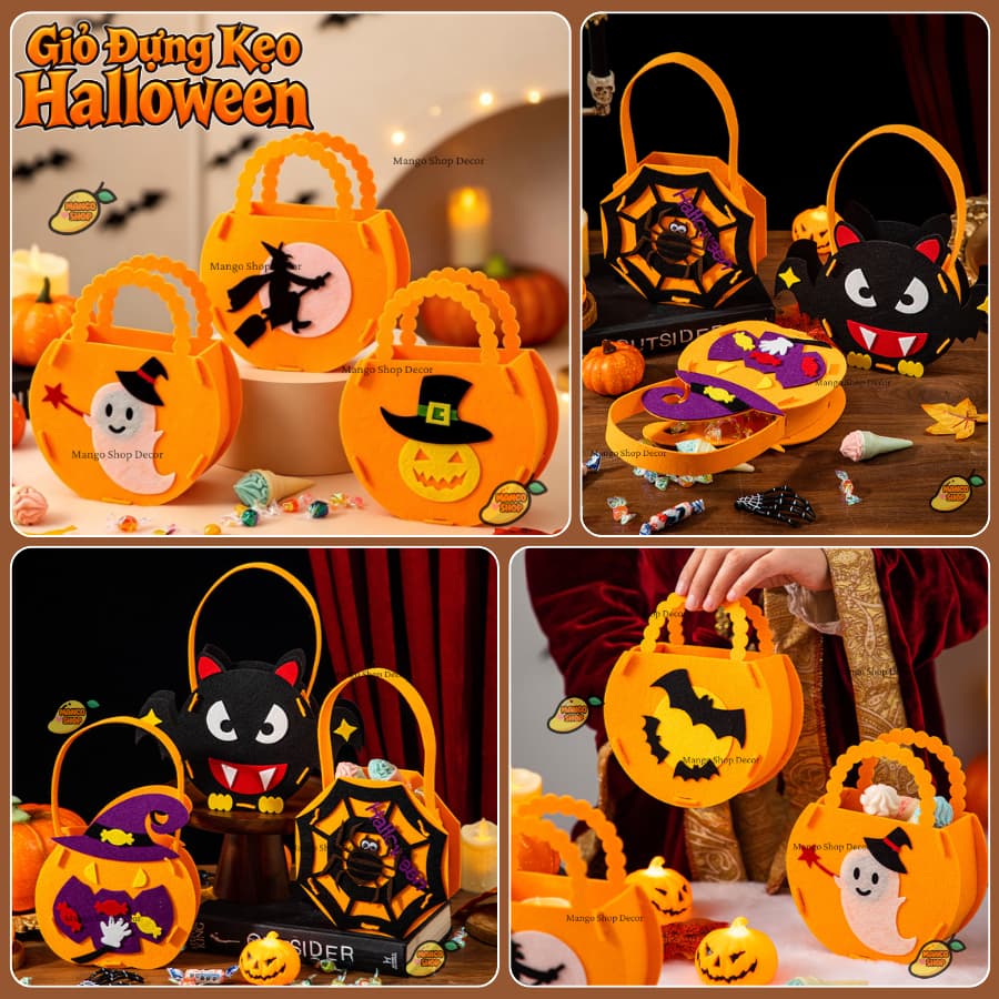 Giỏ Đựng Kẹo Halloween Túi Vải Nỉ Hình Bí Ngô Con Ma Phù Thủy Dơi Có Quai Xách Dành Cho Bé