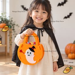 Giỏ Đựng Kẹo Halloween Túi Vải Nỉ Hình Bí Ngô Con Ma Phù Thủy Dơi Có Quai Xách Dành Cho Bé 8