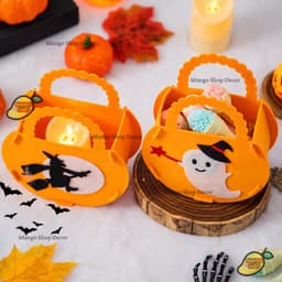 Giỏ Đựng Kẹo Halloween Túi Vải Nỉ Hình Bí Ngô Con Ma Phù Thủy Dơi Có Quai Xách Dành Cho Bé 5