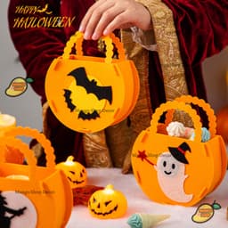 Giỏ Đựng Kẹo Halloween Túi Vải Nỉ Hình Bí Ngô Con Ma Phù Thủy Dơi Có Quai Xách Dành Cho Bé 4