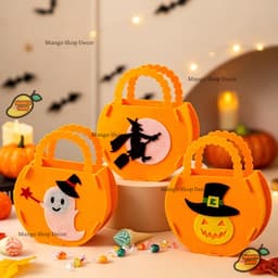 Giỏ Đựng Kẹo Halloween Túi Vải Nỉ Hình Bí Ngô Con Ma Phù Thủy Dơi Có Quai Xách Dành Cho Bé 6