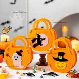 Giỏ Đựng Kẹo Halloween Túi Vải Nỉ Hình Bí Ngô Con Ma Phù Thủy Dơi Có Quai Xách Dành Cho Bé 7