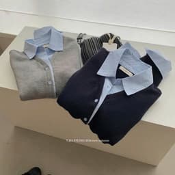 (HÀNG QC/Sẵn ) Áo len Dmina tay dài kiểu nữ dệt kim phối cổ sơ mi xanh basic 6
