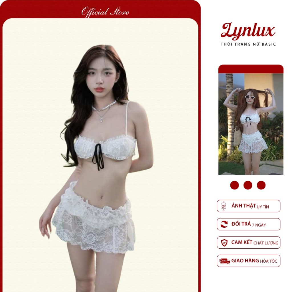 Set Bikini Ren 3 Món LYNLUX [Áo Bra Có Mút + Quần Lót + Chân Váy Xòe] Đồ Bơi Nữ Đi Biển Quyến Rũ Xinh Xắn