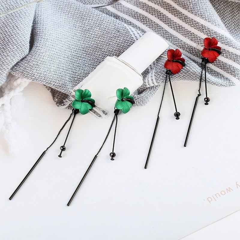 Khuyên Tai Hoa Hạt Rơi Dáng Dài Xanh Đỏ Phong Cách Vintage Cá Tính