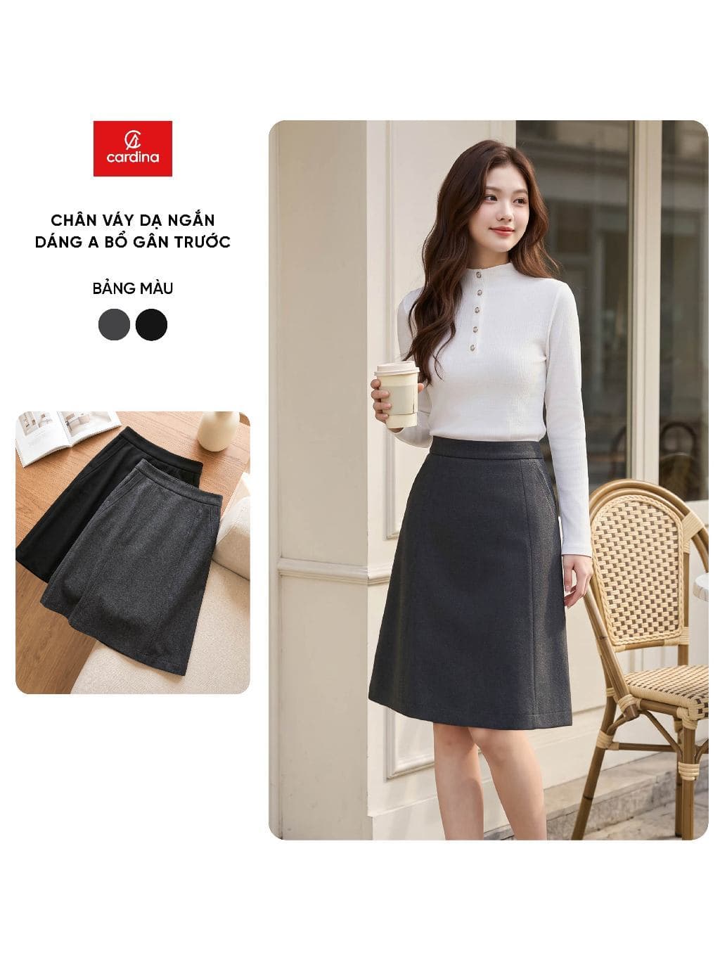 Chân váy nữ CARDINA chất liệu dạ ngắn dáng A bổ gân trước 6CVA14