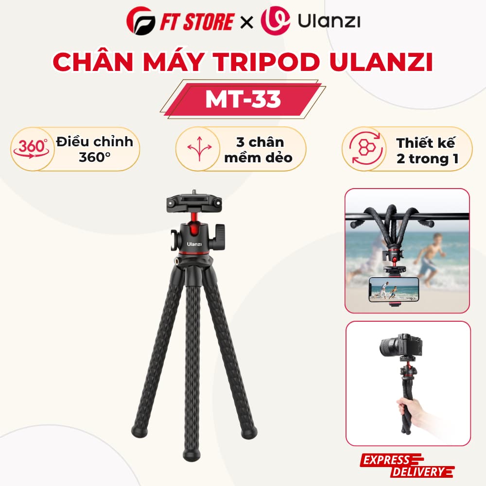 Chân Máy Tripod Bạch Tuộc Ulanzi MT-33 - Xoay 360 Độ, Tích Hợp Kẹp Điện Thoại Và Ngàm Hot Shoe, Tải Trọng 2kg