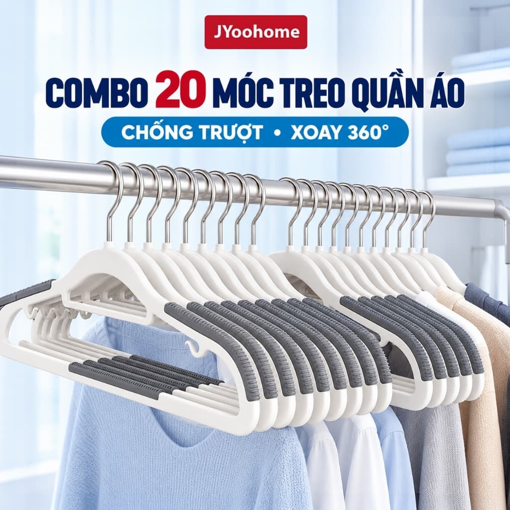 COMBO 20 Móc Treo Quần Áo Chống Trượt Xoay 360 JYoohome Móc Áo Nhựa Dẻo Chịu Lực Phơi Được Đồ Nặng