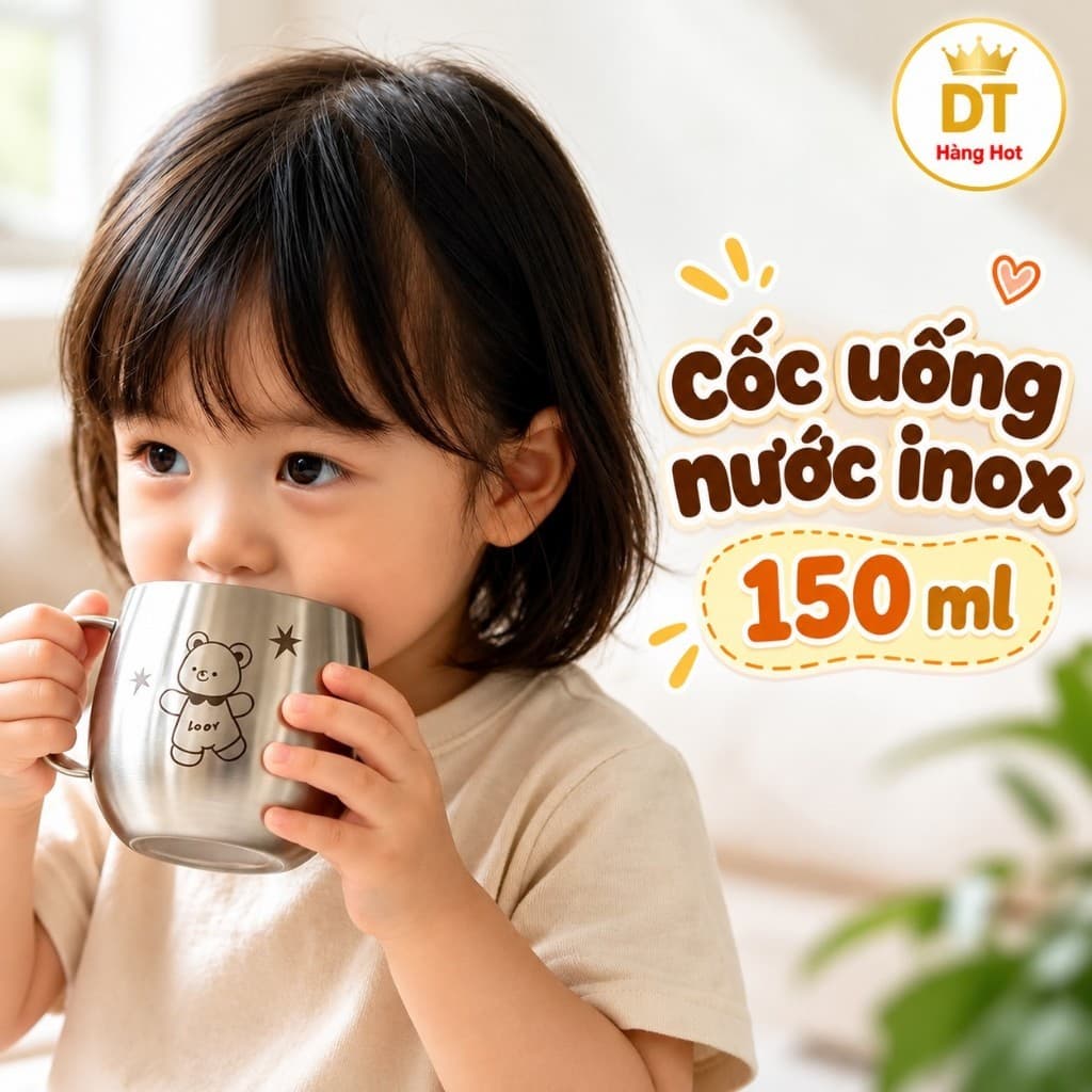 Cốc inox 304 cho trẻ, tay cầm tiện lợi, họa tiết thú, dung tích 150ml, nhập khẩu cao cấp.