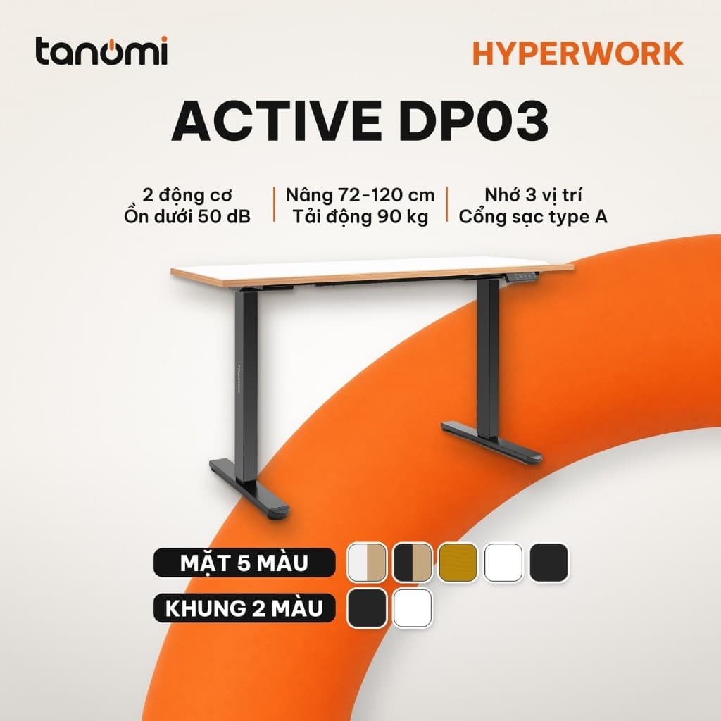 Bàn nâng hạ HyperWork Active DP03 2 động cơ Tải 90 kg Nâng 72-120 cm Ghi nhớ 3 vị trí bàn đứng làm việc