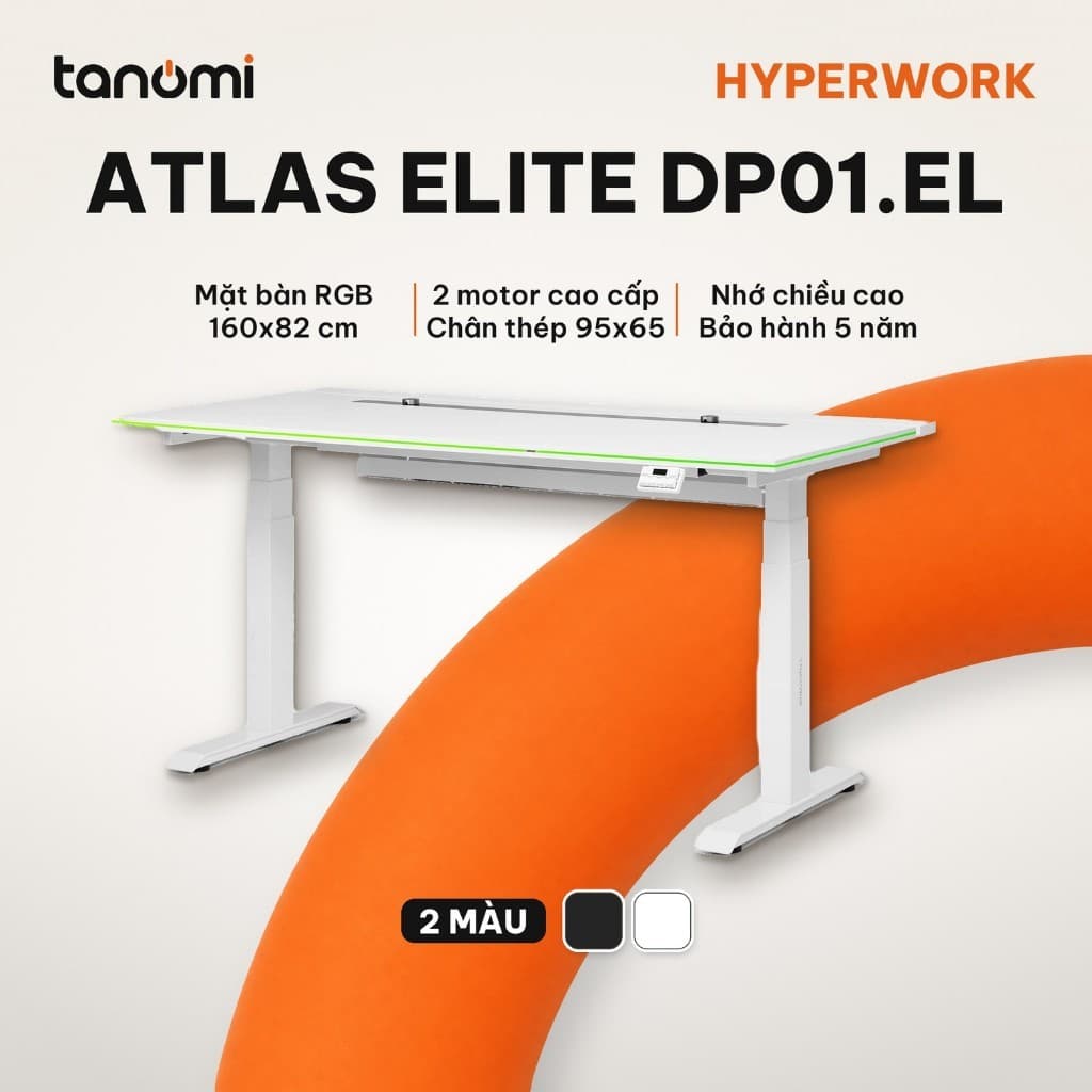 Bàn nâng hạ HyperWork Atlas Elite DP01.EL 2 động cơ Mặt 160x82 cm LED RGB Inline Power bàn đứng làm việc