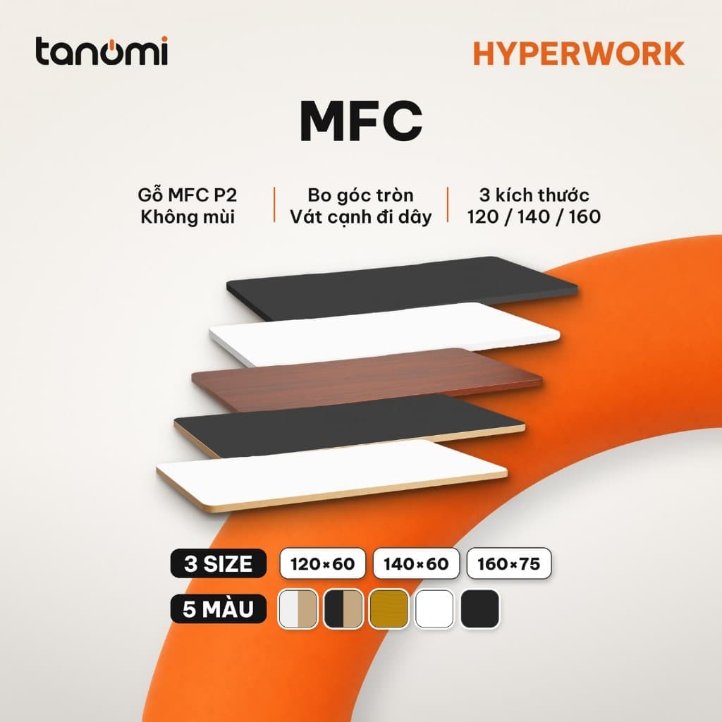 Mặt bàn gỗ MFC bo góc HyperWork Flow 1m2 1m4 1m6 Bo 4 góc Gỗ MFC P2 Cạnh sau vát đi dây mặt bàn làm việc