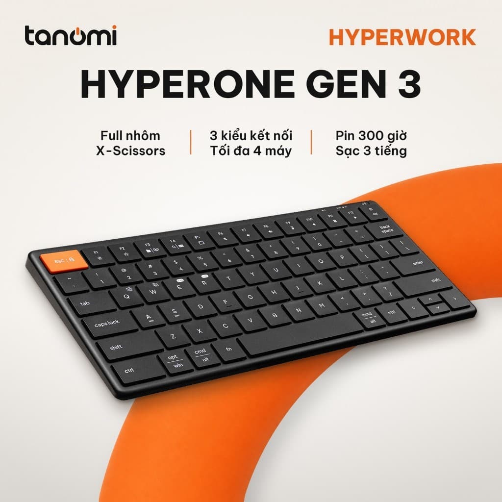 Bàn phím không dây HyperWork HyperOne Gen 3 Full nhôm 3 chế độ kết nối Pin 300 giờ Kết nối 4 thiết bị Đen