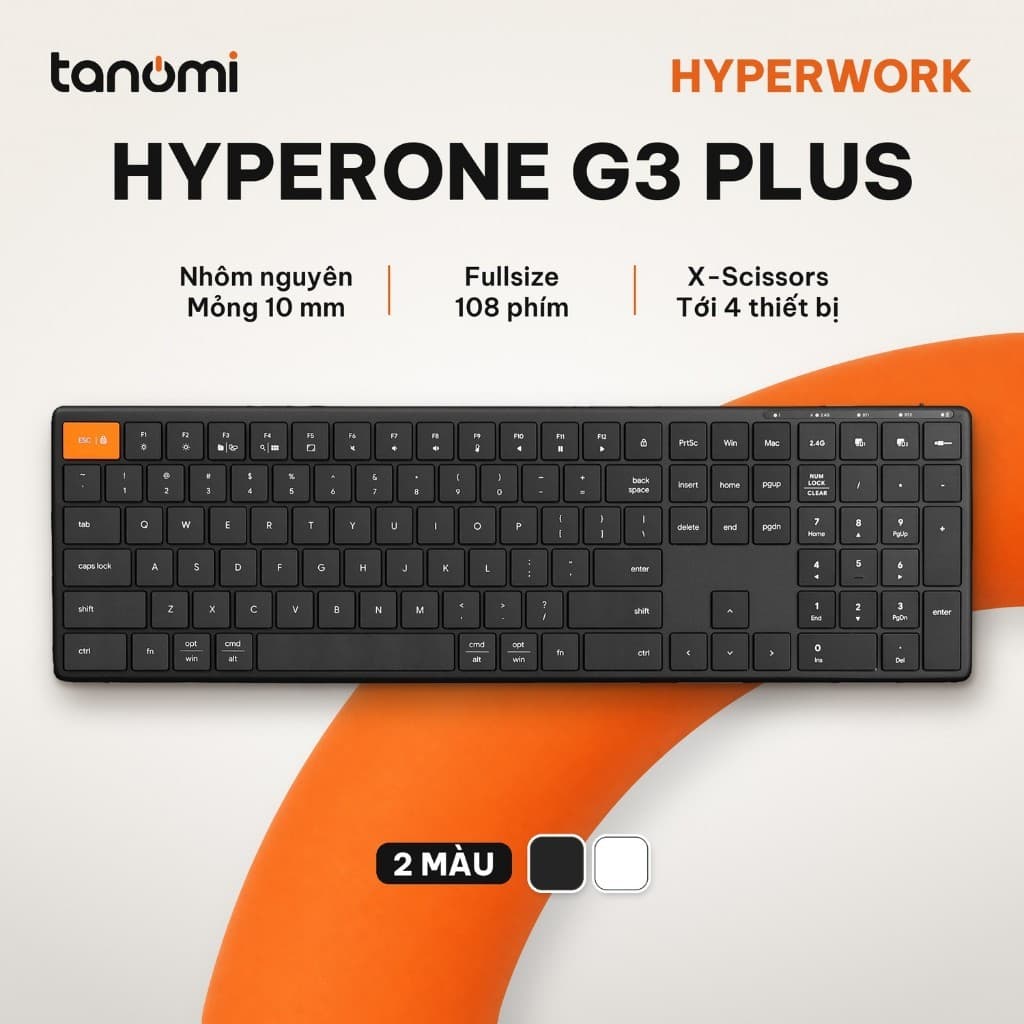Bàn phím không dây HyperWork HyperOne Gen 3 Plus Fullsize 108 phím Full nhôm Mỏng 10 mm 3 chế độ kết nối Có phím số