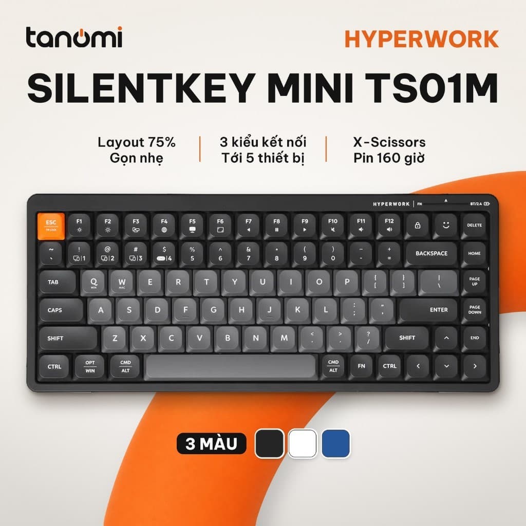 Bàn phím không dây HyperWork SilentKey Mini TS01M 84 phím Bỏ phím số Kết nối 5 thiết bị Gõ êm X-Scissors