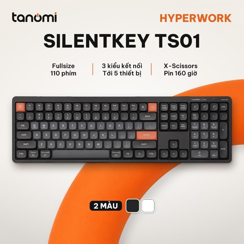 Bàn phím không dây HyperWork SilentKey TS01 Fullsize 110 phím Kết nối 5 thiết bị Pin 160 giờ Gõ êm X-Scissors