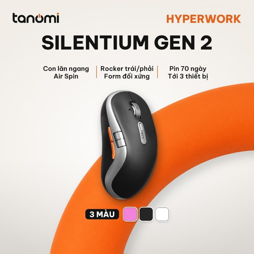 Chuột không dây HyperWork Silentium Gen 2 MS01.G2 Con lăn ngang Pin 70 ngày DPI 4800 Click im lặng 3 thiết bị