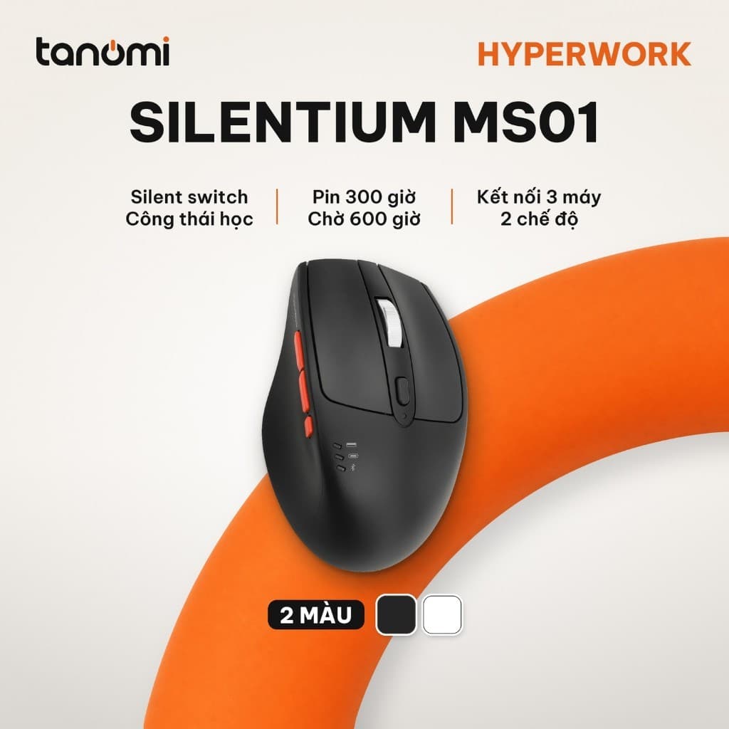 Chuột không dây HyperWork Silentium MS01 Công thái học Click im lặng Pin 300 giờ Kết nối 3 thiết bị DPI 2400