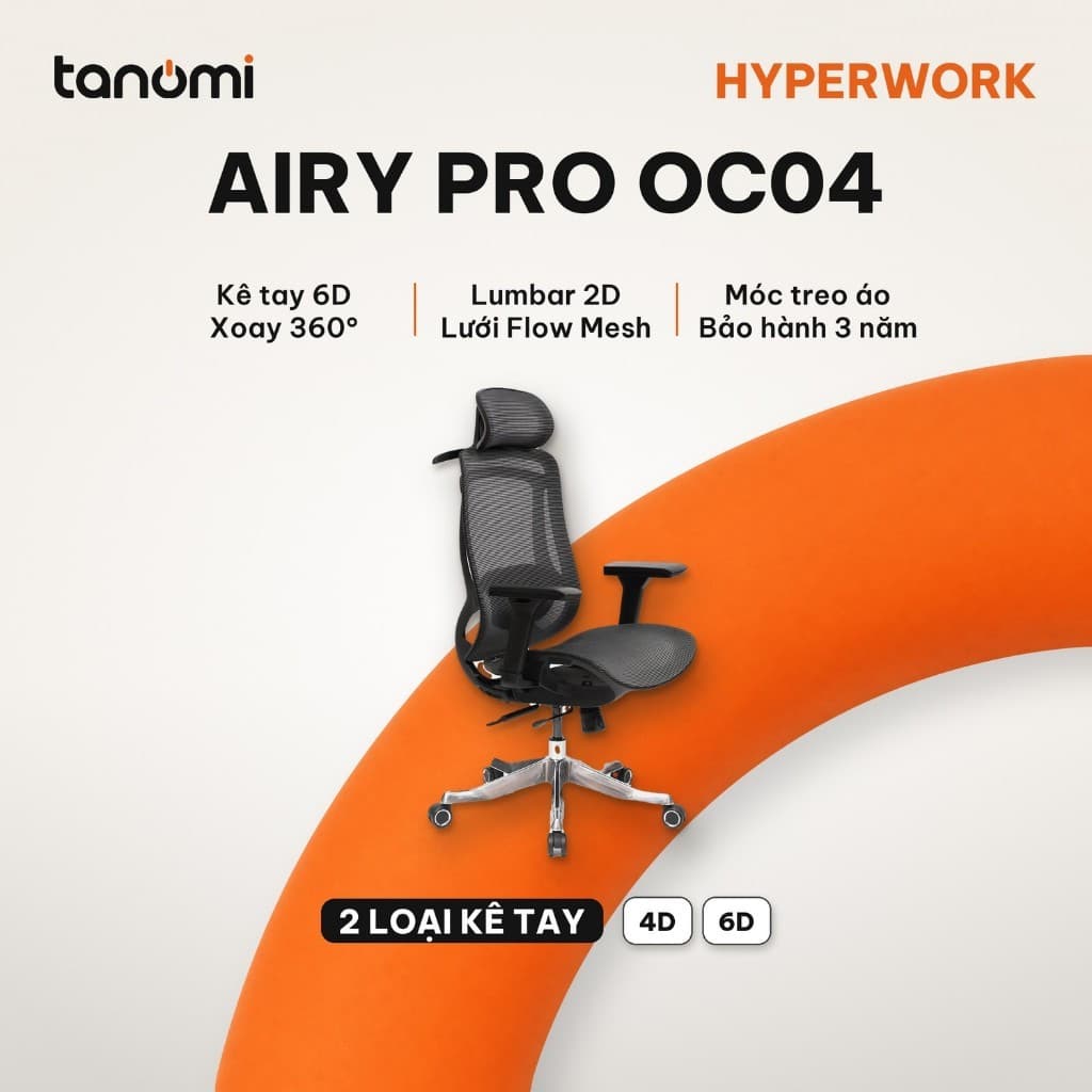 Ghế công thái học HyperWork Airy Pro OC04 Kê tay 4D Tựa lưng 2D Ngả 125 độ Móc treo áo ghế văn phòng kê tay 4D