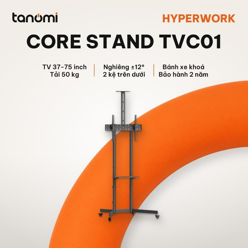 Giá treo tivi di động HyperWork Core Stand TVC01 Tivi 37-75 inch Tải 50 kg 2 kệ Bánh xe có khoá