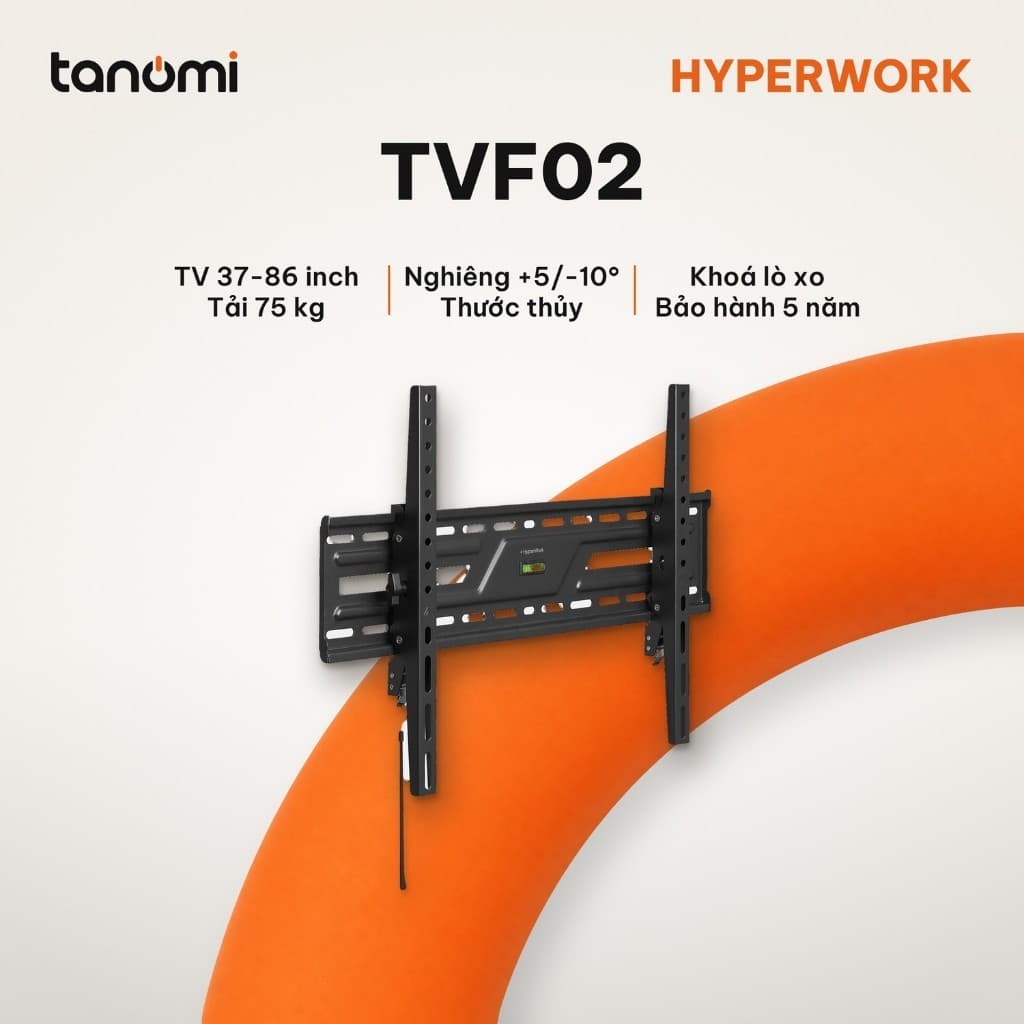 Giá treo tivi gắn tường HyperWork TVF02 Tivi 37-86 inch Tải 75 kg Nghiêng 15 độ Núm vặn Khóa lò xo Đen