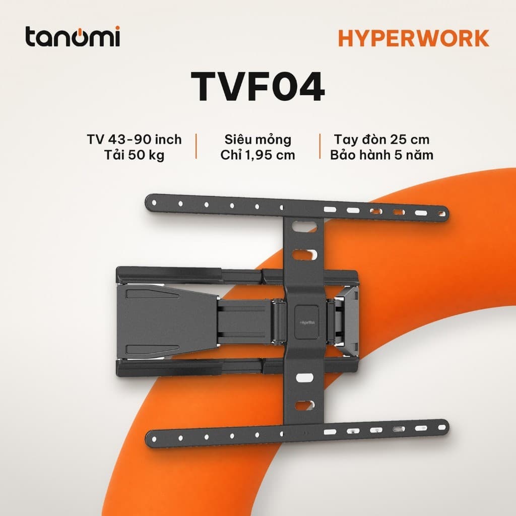 Giá treo tivi gắn tường tay xoay HyperWork TVF04 Tivi 43-90 inch Tải 50 kg Vươn 25 cm Gập sát tường 1,95 cm Đen