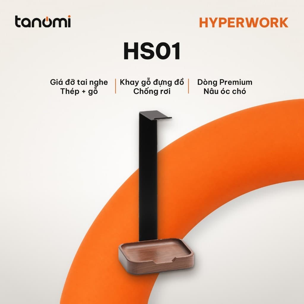 Giá đỡ tai nghe HyperWork Premium Collection HS01 Gỗ óc chó Nhôm Cao 265 mm Khay gỗ ở chân đế setup bàn làm việc