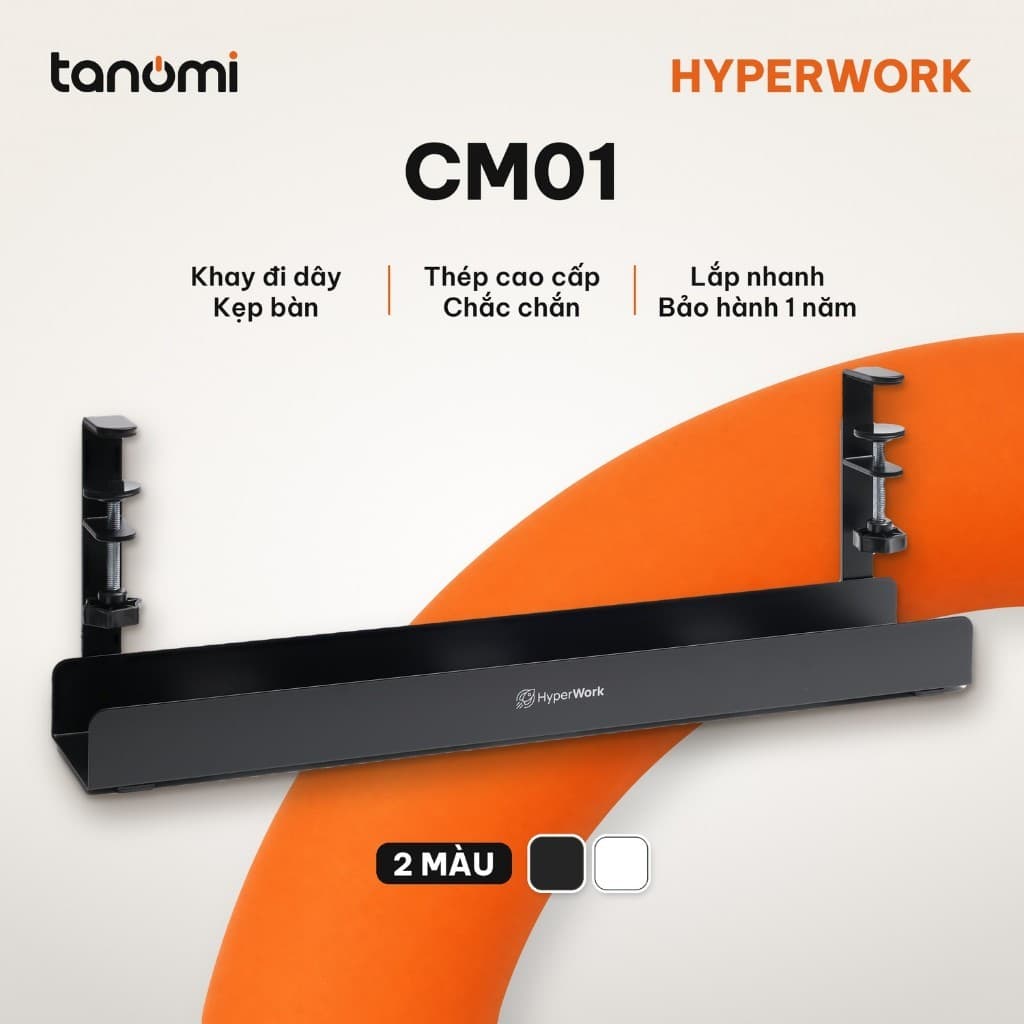 Khay đi dây HyperWork CM01 Kẹp bàn Thép Dài 600 mm Tải 10 kg Không cần khoan giấu dây dưới gầm bàn