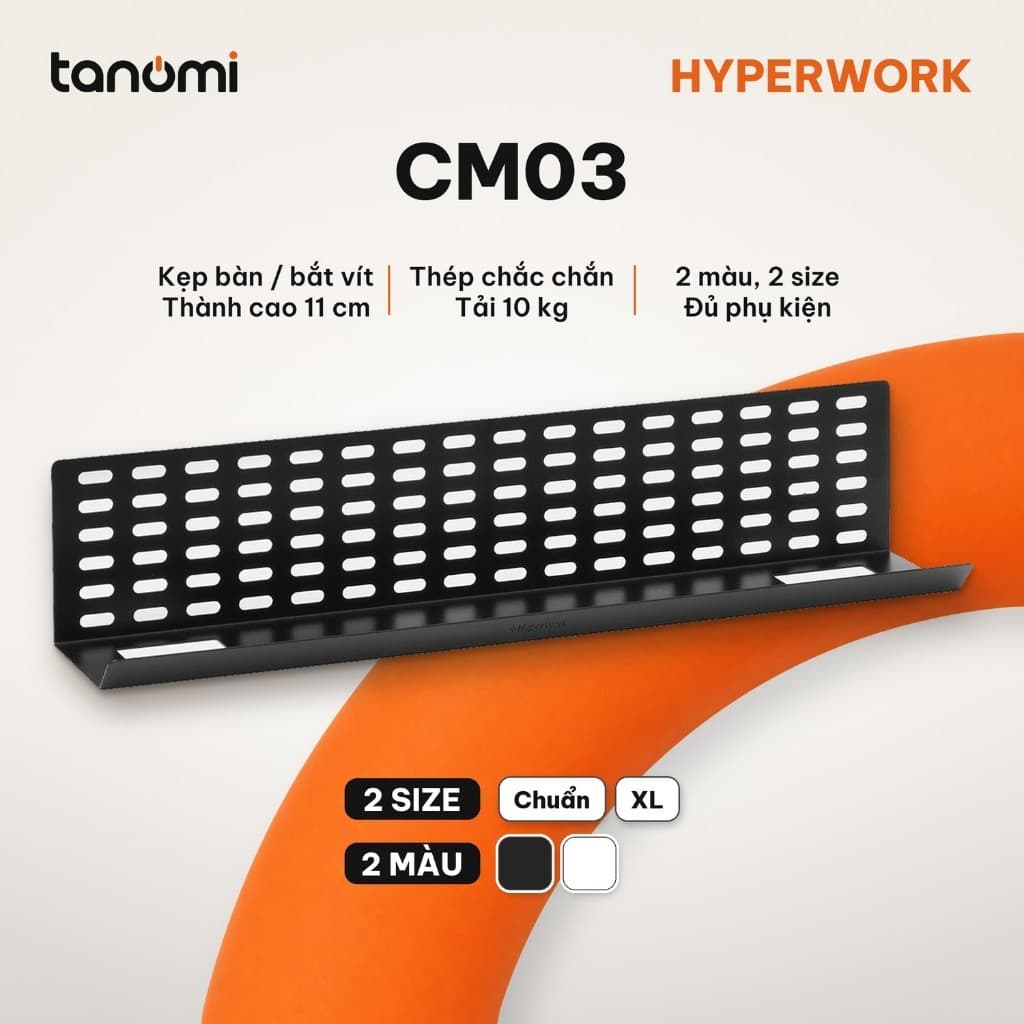 Khay đi dây HyperWork CM03 Size 60 cm và 80 cm Thép Tải 10 kg Kẹp bàn hoặc bắt vít Đáy vát 135 độ