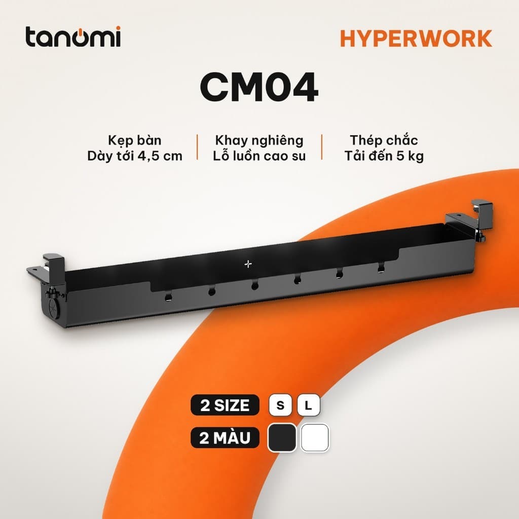 Khay đi dây HyperWork CM04 Thép Rãnh luồn dây Khay nghiêng được Kẹp bàn Lỗ cao su mềm giấu dây dưới gầm bàn