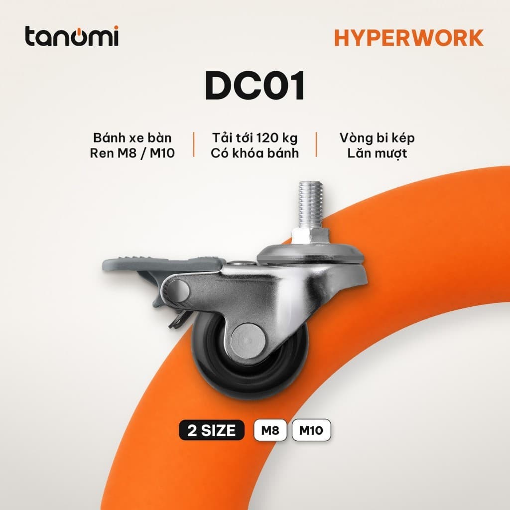 Bộ bánh xe cho bàn HyperWork DC01 Bộ 4 bánh Ren M8 M10 Tải 120 kg Có khoá bánh Vòng bi 608ZZ Bánh 38 mm