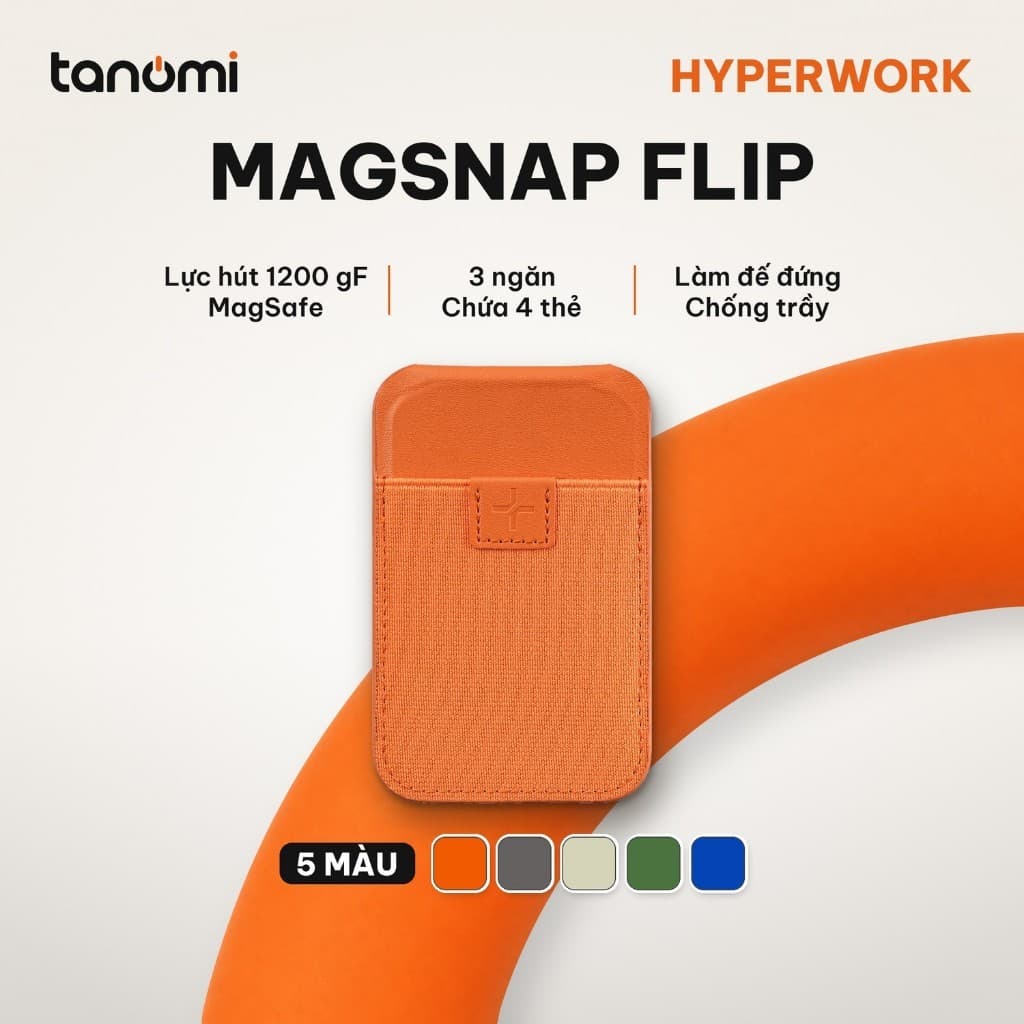 Ví nam châm điện thoại HyperWork MagSnap Flip Lực hút 1200 gF 4 thẻ Làm đế dựng Chuẩn MagSafe Gập mở 150 độ
