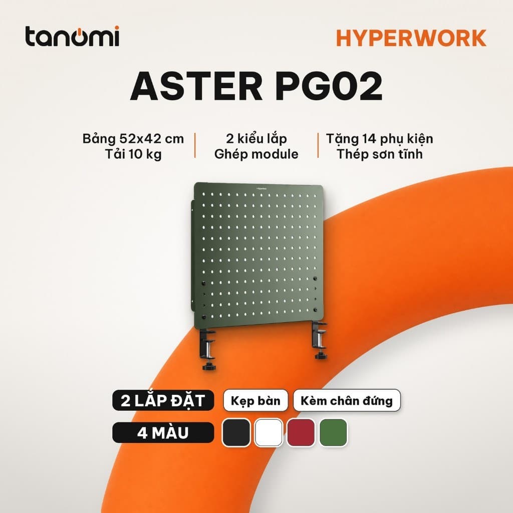Bảng treo đồ Pegboard HyperWork PG02 520x420 mm Tải 10 kg Thép Kẹp bàn Kèm 14 phụ kiện Ghép module