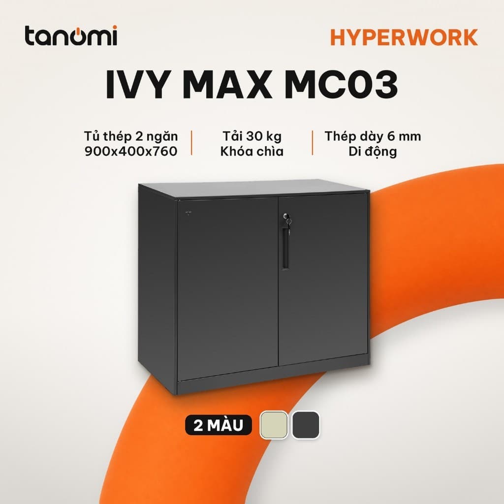 Tủ tài liệu thép 2 ngăn có khoá HyperWork Ivy Max MC03 Dài 90 cm 2 ngăn Khoá chìa Tải 30 kg mỗi ngăn