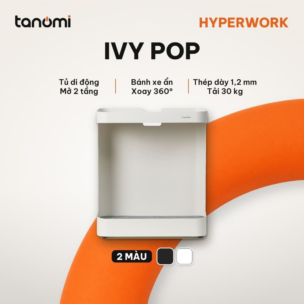 Tủ di động HyperWork Ivy Pop 2 tầng Thép 1,2 mm Bánh xe 360 độ Đáy lót nỉ kệ đầu giường tủ phụ cạnh bàn
