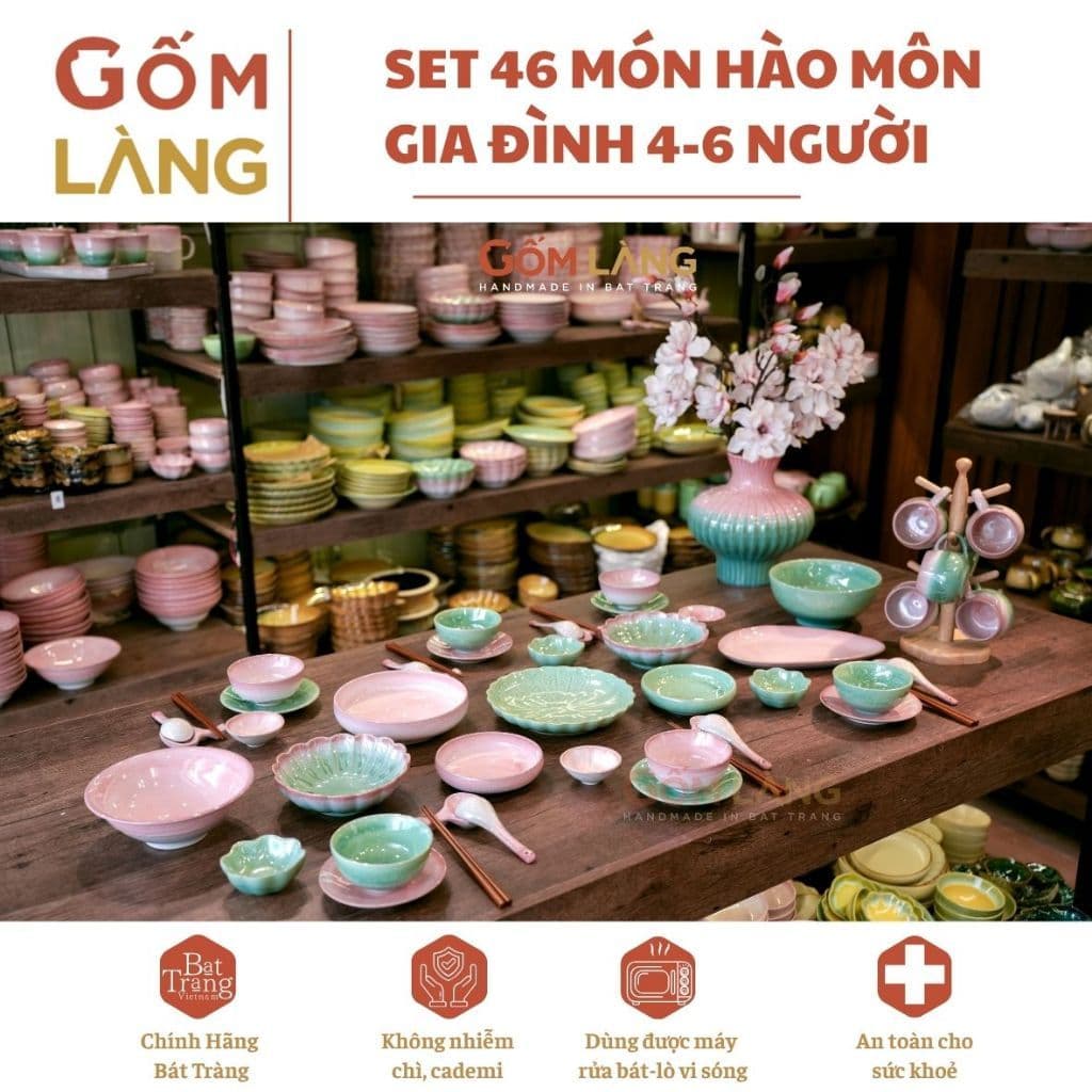 Bộ Bát Đĩa Hào Môn 46 Món Gốm Làng Bát Tràng Men Hỏa Biến Cao Cấp Cho Gia Đình 4-6 Người