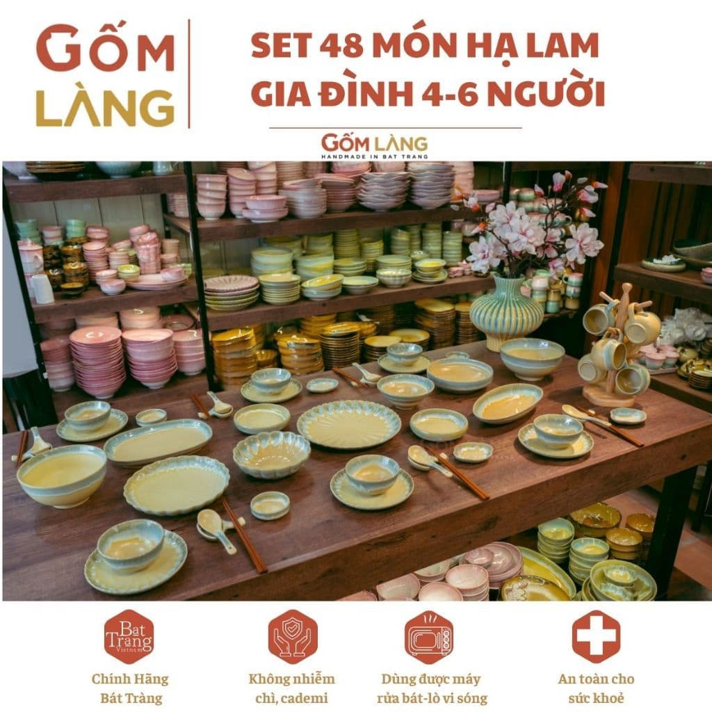 Bộ Bát Đĩa Hạ Lam 48 Món Gốm Làng Bát Tràng Men Hỏa Biến Cao Cấp Cho Gia Đình 4-6 Người An Toàn Sức Khỏe