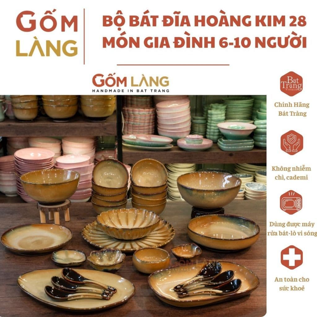Bộ Bát Đĩa Hoàng Kim 28 Món Gốm Làng Bát Tràng Men Hỏa Biến Cao Cấp Cho Gia Đình 6-10 Người