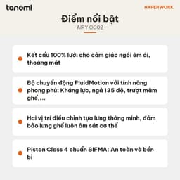 Ghế công thái học lưng lưới HyperWork Airy OC02 Lưới AeroMesh Tựa đầu 3D Kê tay 3D Mâm trượt 5 cm 6