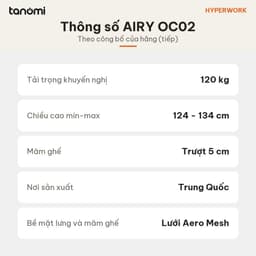 Ghế công thái học lưng lưới HyperWork Airy OC02 Lưới AeroMesh Tựa đầu 3D Kê tay 3D Mâm trượt 5 cm 8