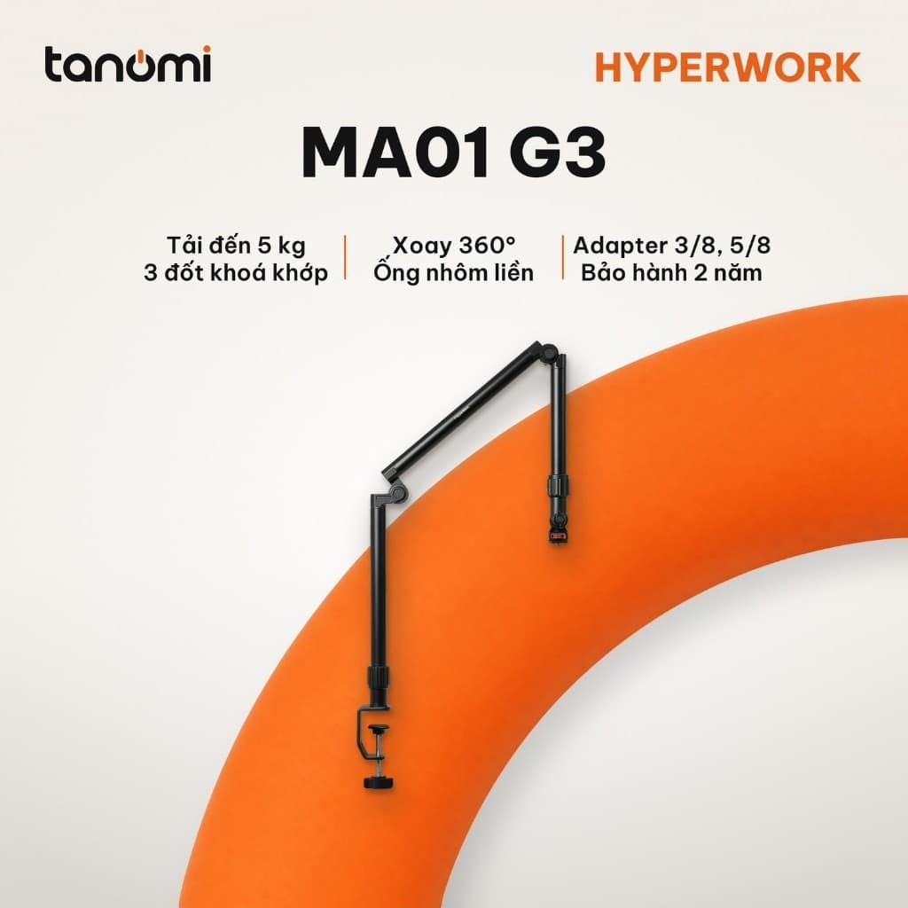 Giá đỡ microphone HyperWork MA01 G3 Tải 5 kg 3 đốt Xoay 360 độ Vươn 622 mm Mount 1/4 3/8 5/8 inch Kẹp bàn